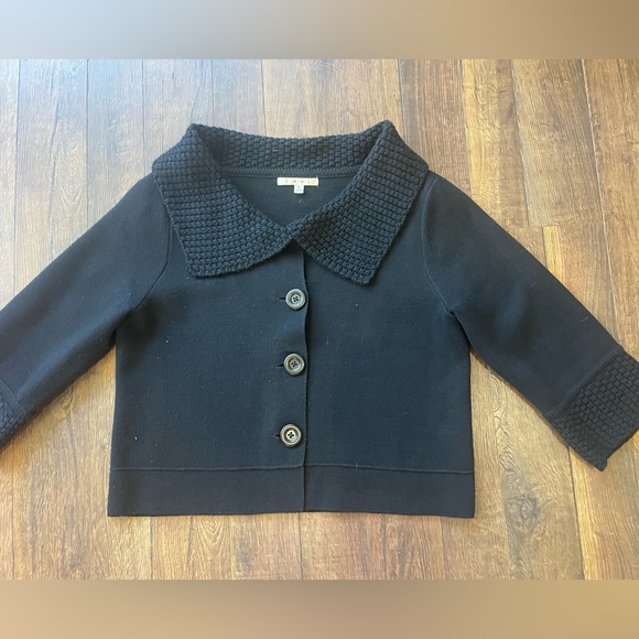 CAbi Jackie O Wool Blend Black Cropped Cardigan Sweater with Textured Collar - Picture 2 of 9